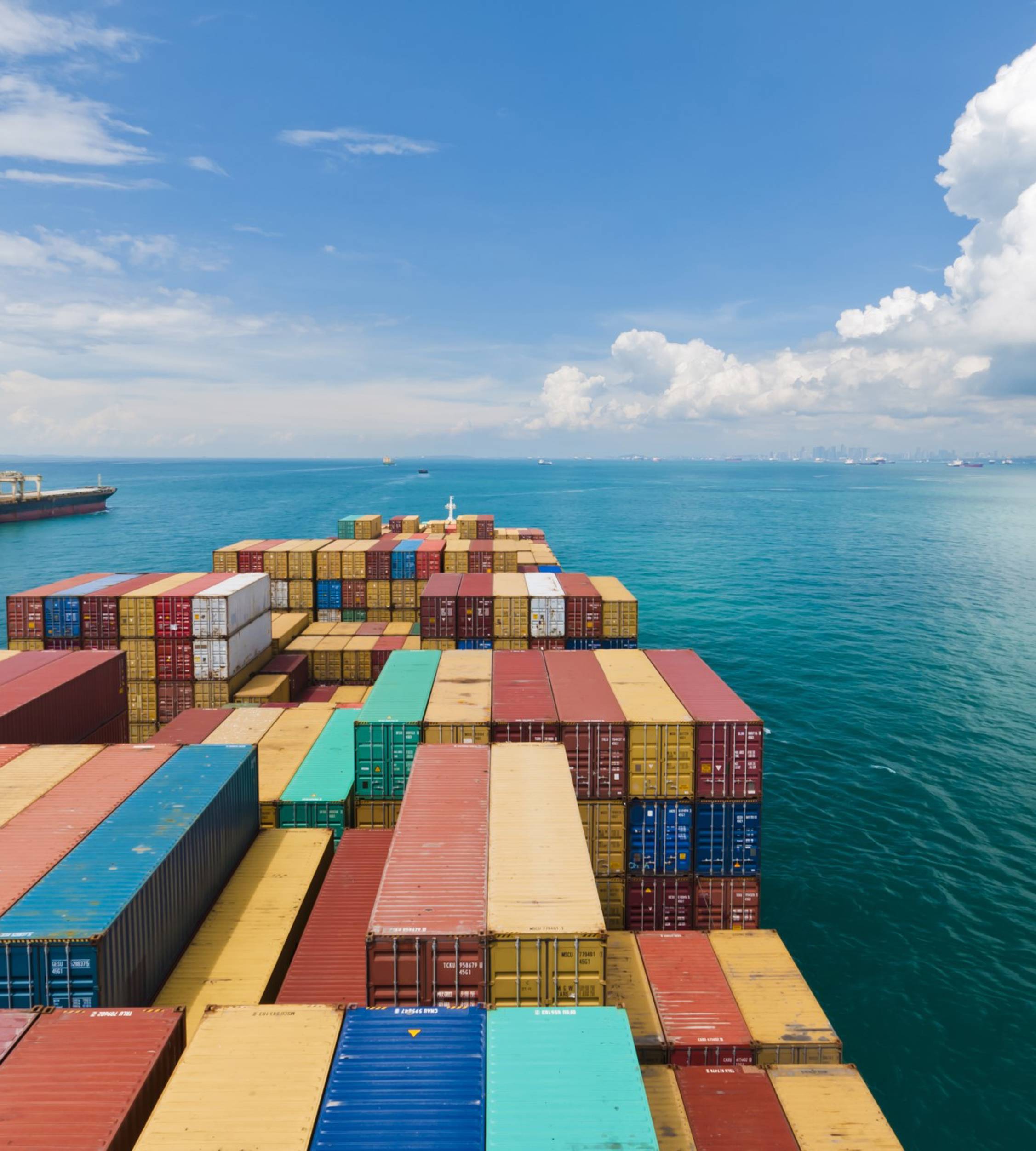 Container ship and two other ships at sea