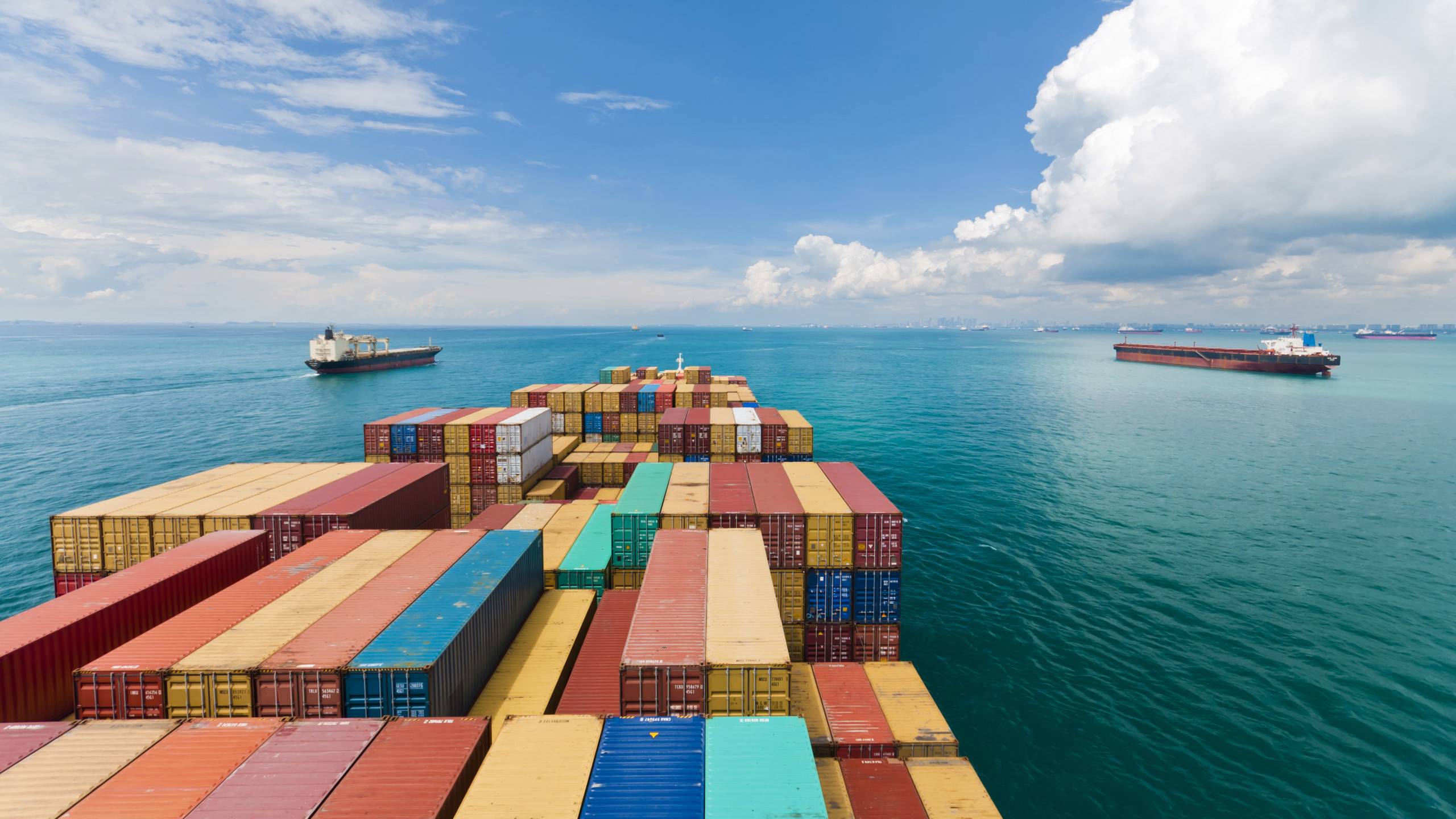 Container ship and two other ships at sea