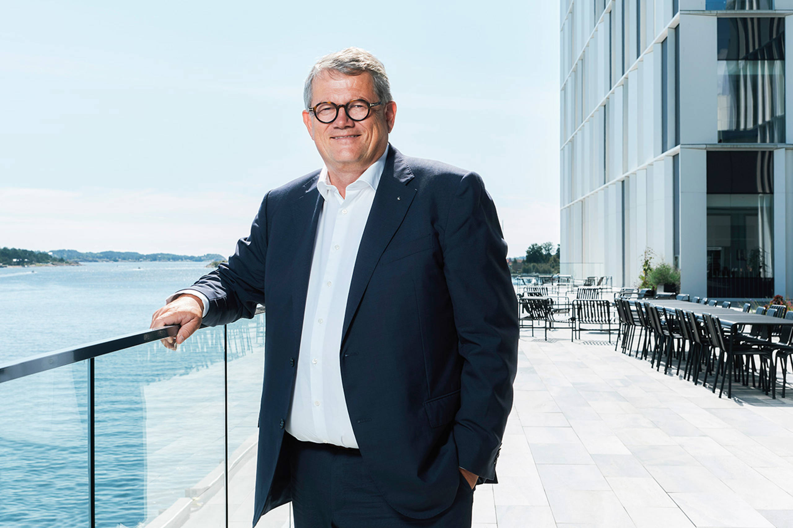 Morten Fon at the terrasse by the sea at Jotun's HQ in Sandefjord, Norway